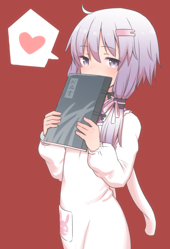 1girl, blush, book, covering_mouth, cowboy_shot, hair_ornament, hairclip, heart