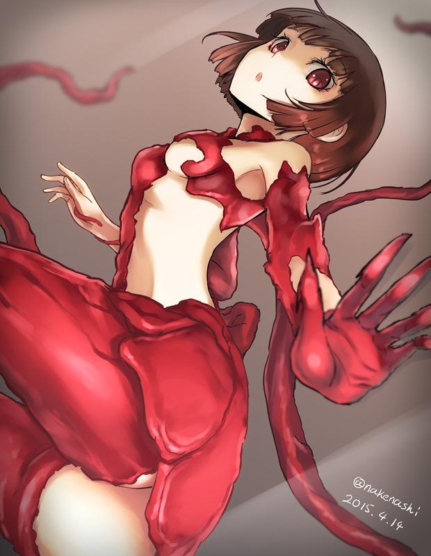 1girl, :o, breasts, brown_hair, gauna, gauna_491, looking_at_viewer, red_eyes