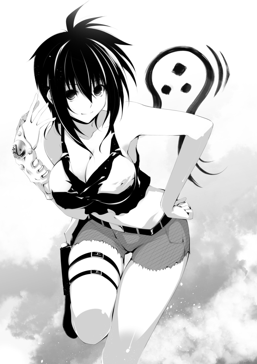 1girl, breasts, cleavage, hand_on_hip, highres, jijii48, kirisawa_fuuko, monochrome