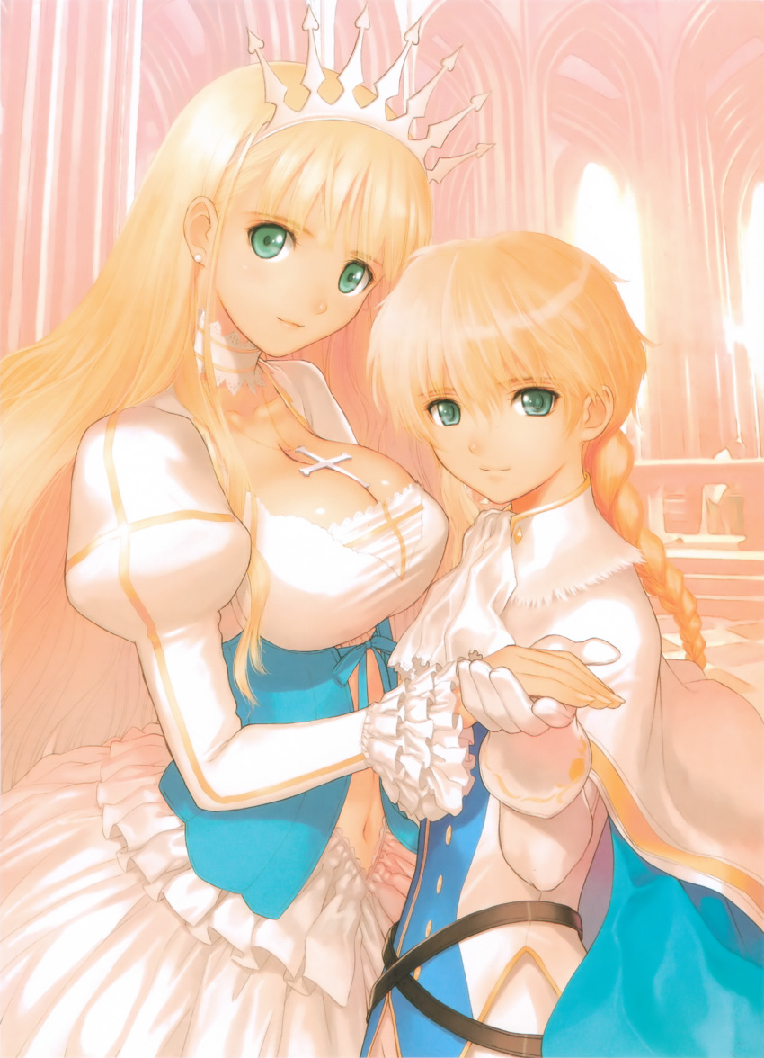 1boy, 1girl, ascot, bangs, belt, blonde_hair, braid, breasts