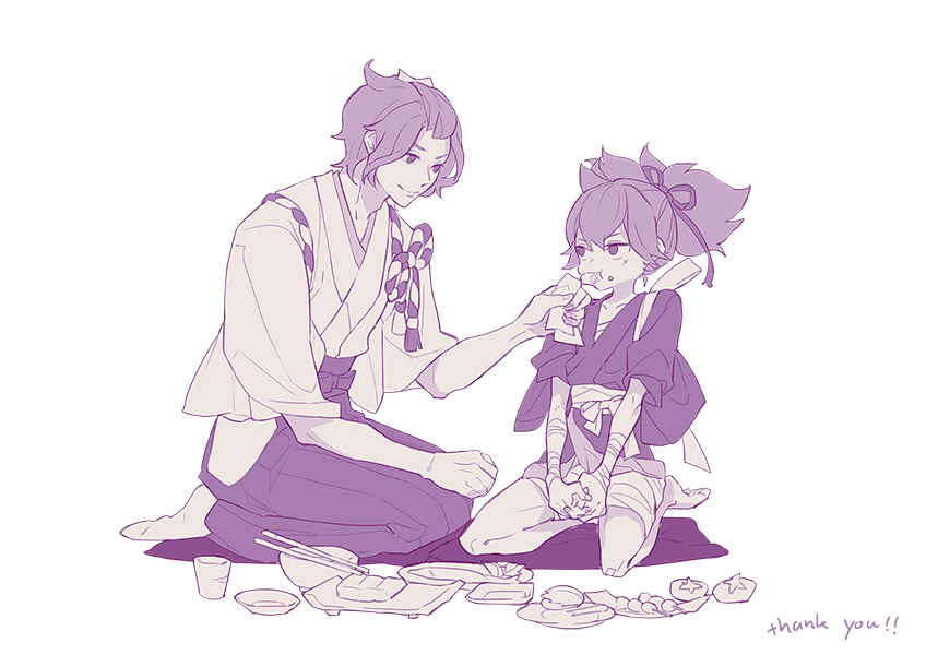 2boys, :t, bandages, barefoot, chopsticks, dango, eating, english