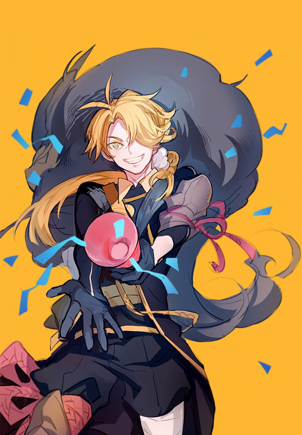 1boy, asymmetrical_gloves, black_gloves, blonde_hair, gloves, grin, hair_over_one_eye, istkeinmal