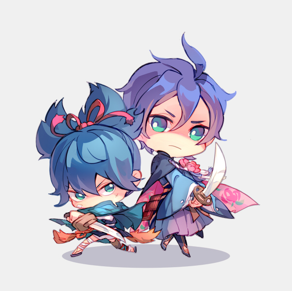 2boys, aqua_eyes, bandages, blue_hair, chibi, flower, full_body, hakama