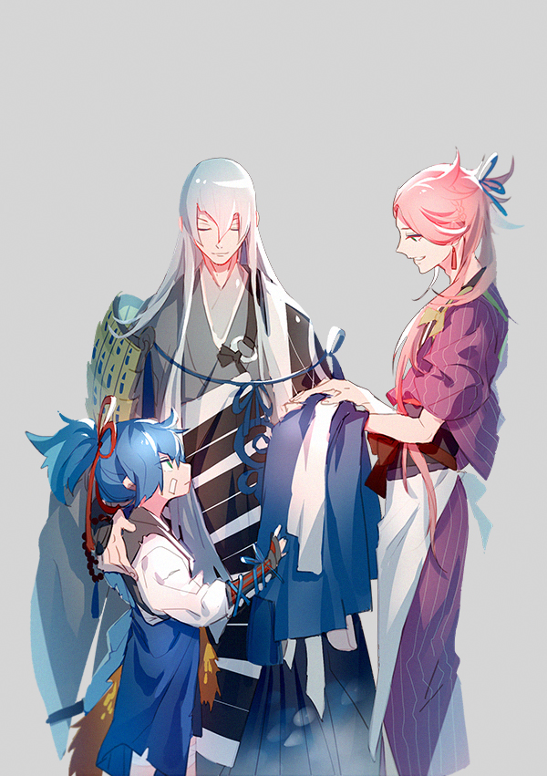 3boys, age_difference, blue_hair, green_eyes, grey_background, height_difference, istkeinmal, japanese_clothes