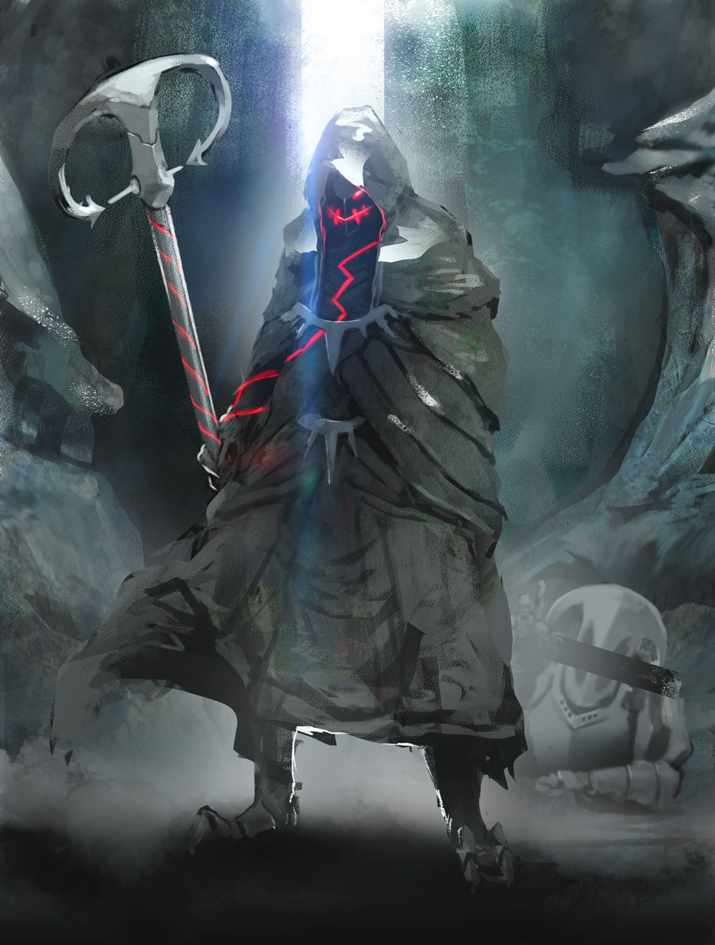 armor, glowing, glowing_eyes, greaves, highres, hood, ikuyoan, pixiv_fantasia, pixiv_fantasia_t, robe, solo_focus, staff