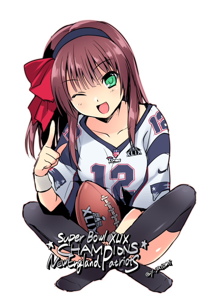 1girl, angel_beats!, football, football_(object), football_uniform, green_eyes, hairband, indian_style