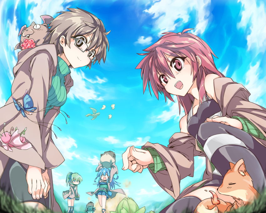 4girls, archfiend_marmot_of_nefariousness, aussa, blue_hair, blush_stickers, breasts, brown_eyes, brown_hair