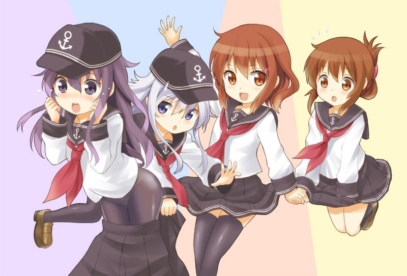 4girls, :d, akatsuki_(kantai_collection), anchor_symbol, black_hair, black_legwear, black_skirt, blue_eyes