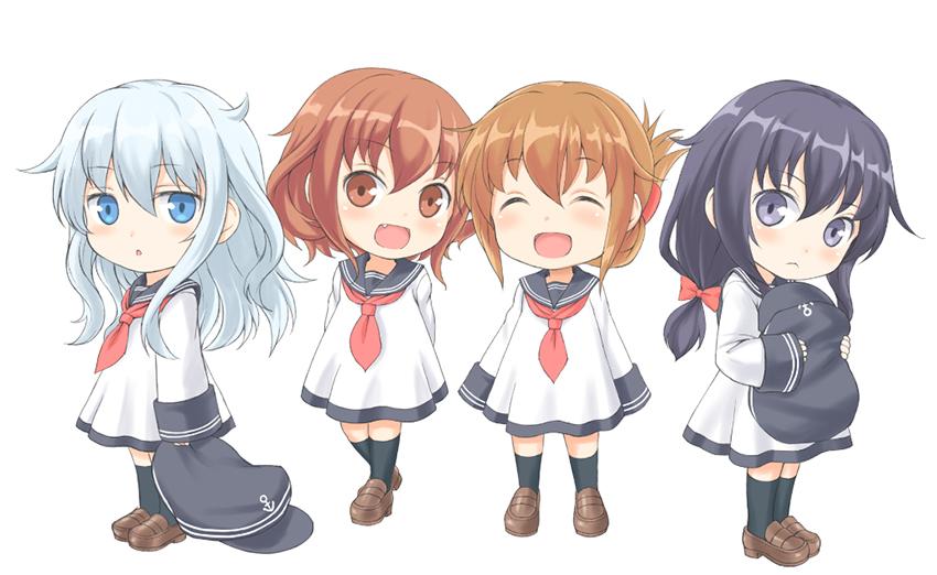 4girls, :<, :d, akatsuki_(kantai_collection), anchor_symbol, black_hair, brown_hair, commentary_request