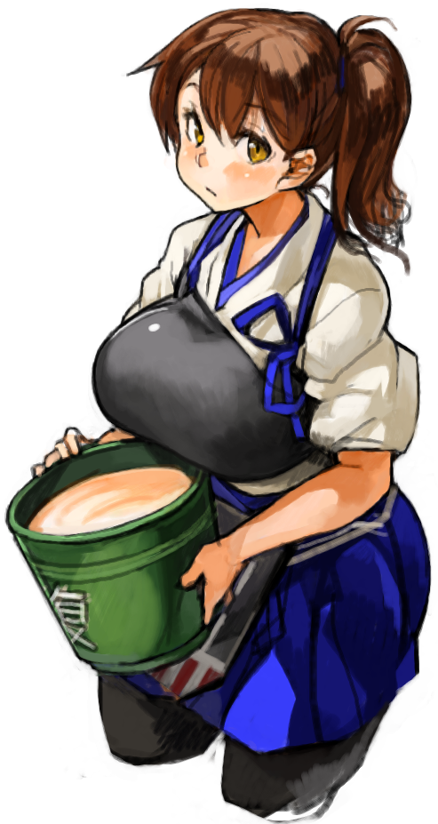 1girl, bauxite, black_legwear, blush, breasts, brown_hair, bucket, cropped_legs