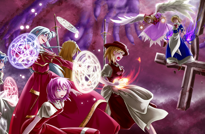 6+girls, angel_wings, blonde_hair, blue_eyes, blue_hair, cross, fire, gengetsu