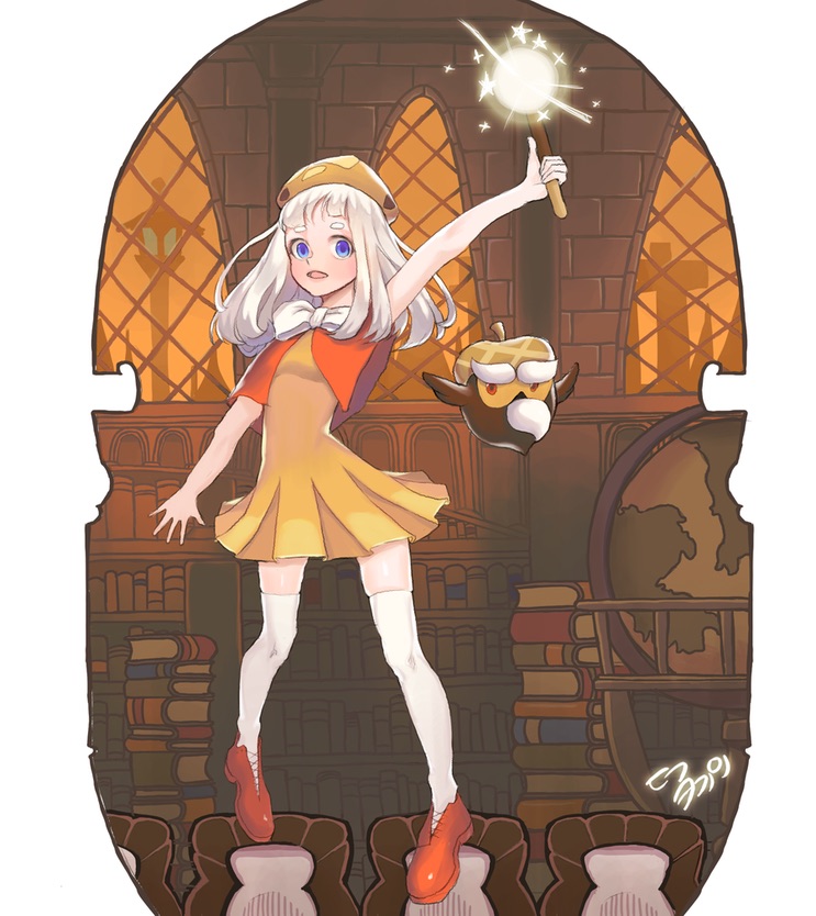 1girl, acorn_owl, blue_eyes, bow, capelet, cookie_run, cream_puff_cookie, dress, eyebrows, hat, library, long_hair, open_mouth, solo, thick_eyebrows, thigh-highs, wand, white_hair, white_legwear, yellow_dress, yellow_legwear