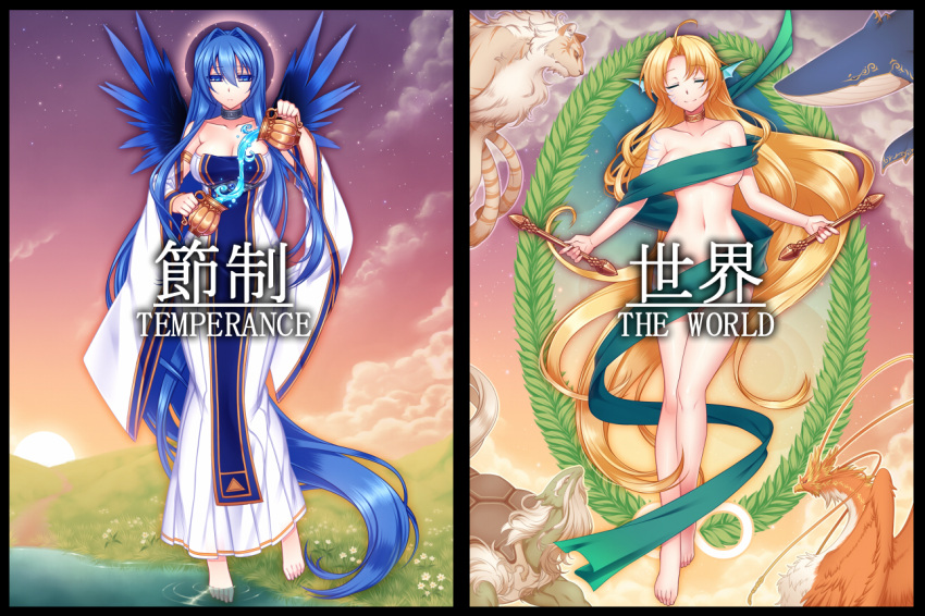 barefoot, blonde_hair, blue_hair, braid, dress, grass, konshin, long_hair
