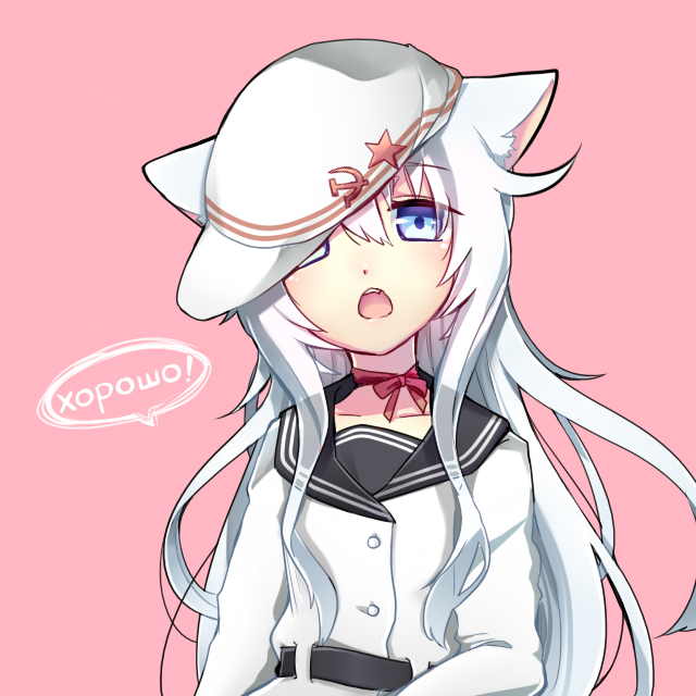 1girl, animal_ears, blue_eyes, cat_ears, flat_cap, hammer_and_sickle, hat, hibiki_(kantai_collection), horosho, kantai_collection, kemonomimi_mode, long_hair, long_sleeves, open_mouth, pink_background, silver_hair, simple_background, solo, verniy_(kantai_collection)