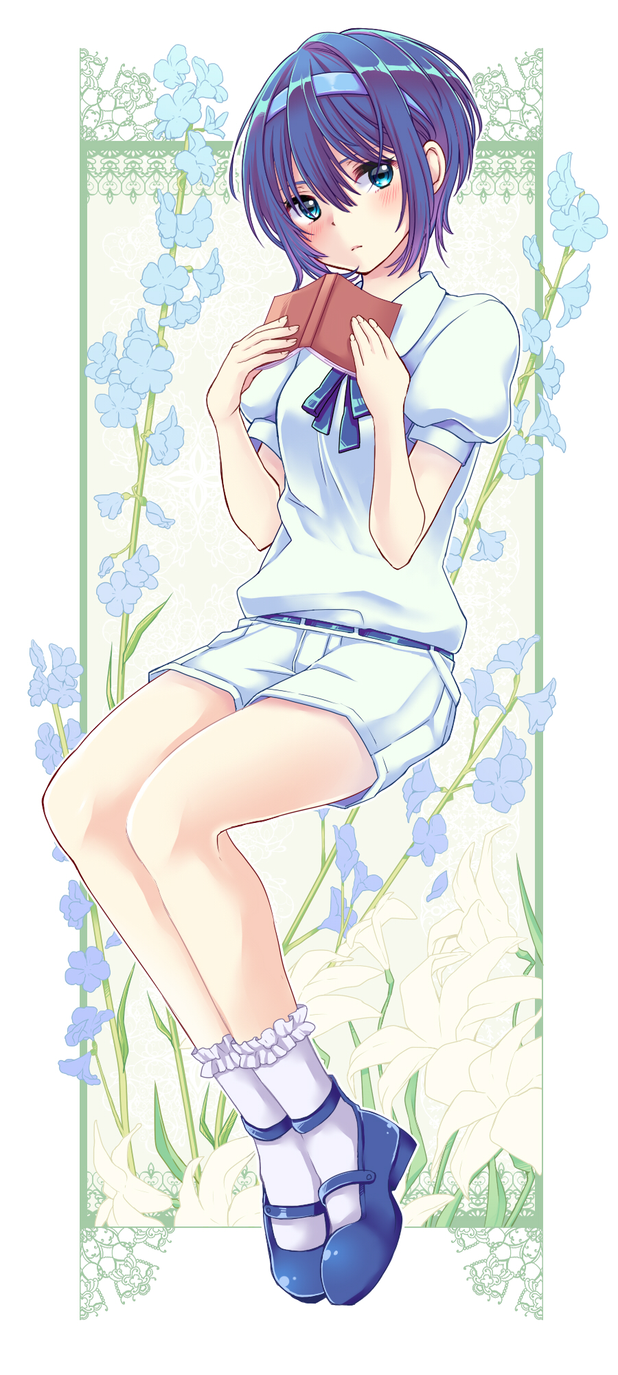 1girl, blue_eyes, blue_hair, blush, book, cevio, flower, hairband