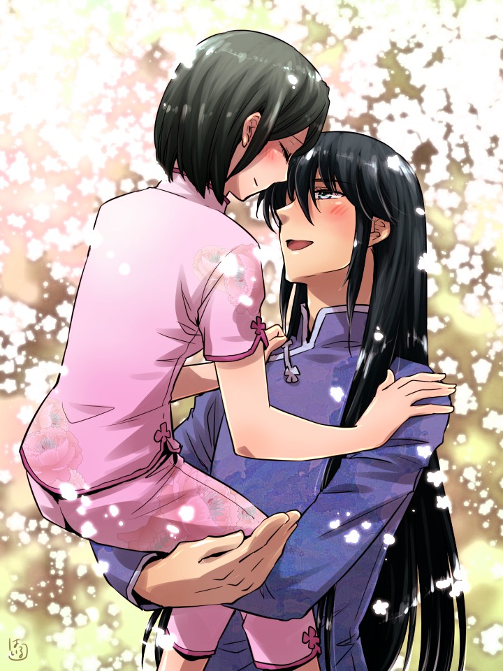 1boy, 1girl, black_hair, carrying, chinese_clothes, closed_eyes, couple, dragon_shiryuu