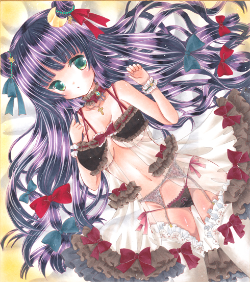 1girl, alternate_costume, alternate_eye_color, asa1014, black_bra, black_panties, bow, bra