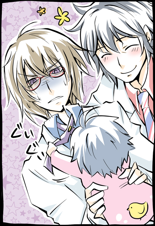 3boys, akizou., annoyed, baby, bangs, blonde_hair, blue_hair, blush