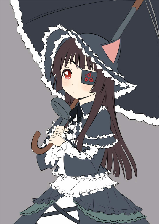 1girl, black_hair, expressionless, eyepatch, gothic_lolita, gotou_saori, lolita_fashion, long_hair, matsumoto_rise, mirai_(senran_kagura), mirai_(senran_kagura)_(cosplay), red_eyes, seiyuu_connection, senran_kagura_(series), shikousakugo, simple_background, solo, umbrella, yuru_yuri