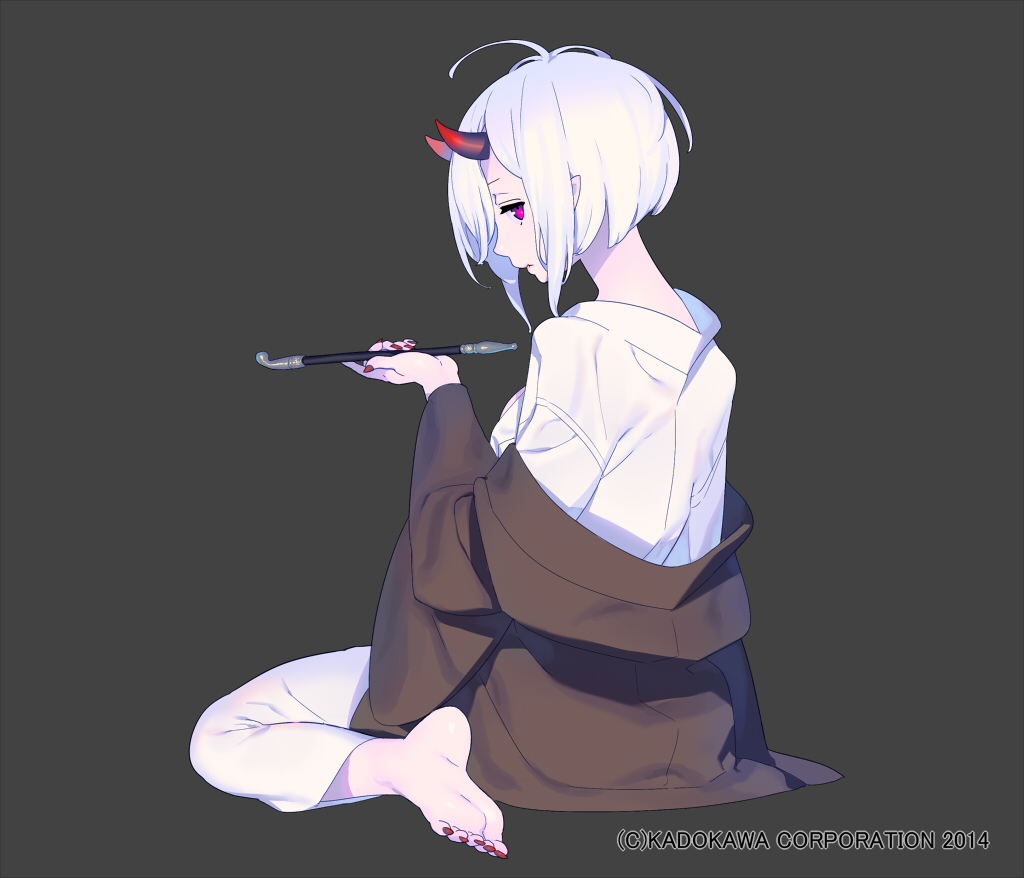1girl, 2014, albino, barefoot, feet, fingernails, full_body, horns