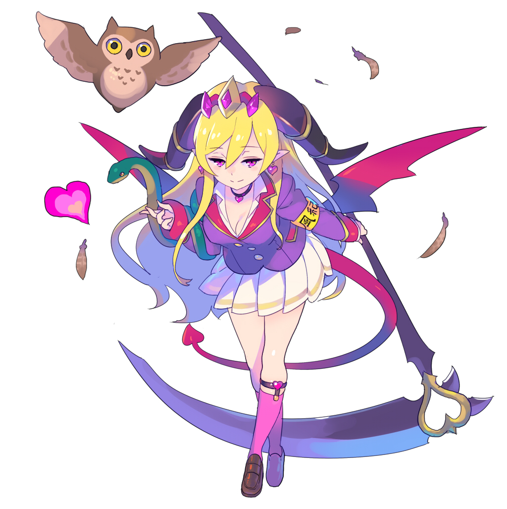 1girl, animal, bat_wings, bent_over, bird, blonde_hair, bow, breasts