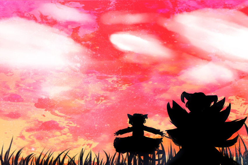 2girls, animal_ears, bakeneko, cat_ears, cat_tail, chen, dress, earrings