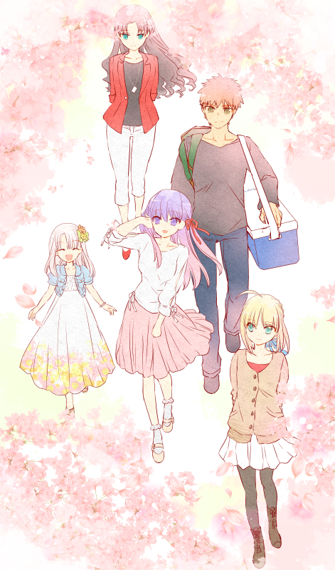 1boy, 4girls, cherry_blossoms, emiya_shirou, fate/stay_night, fate_(series), illyasviel_von_einzbern, kettle21