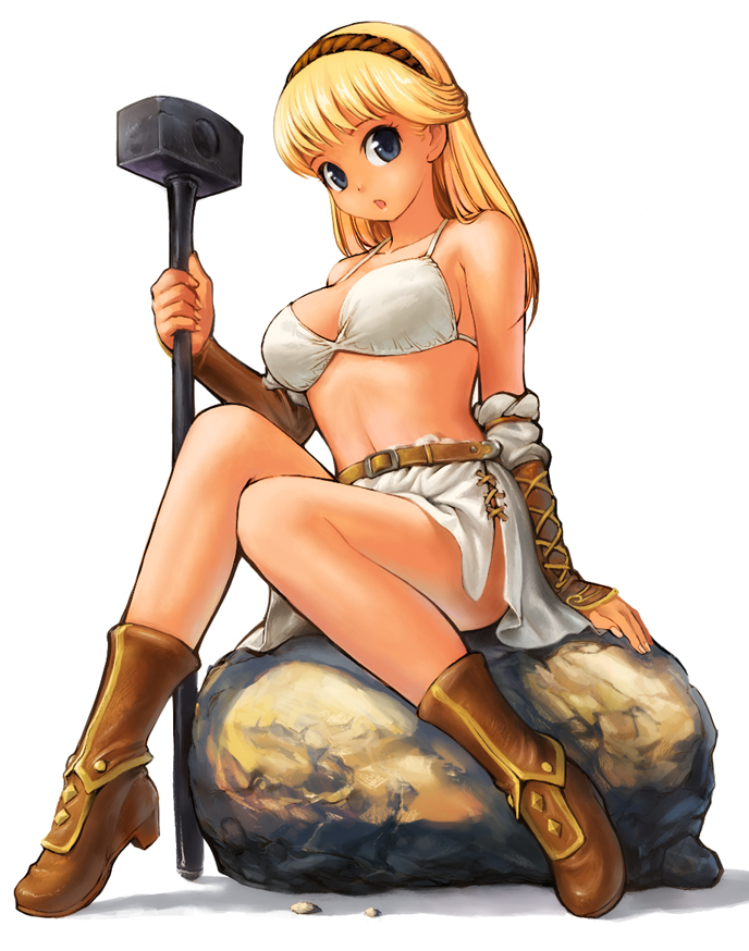 blonde_hair, blue_eyes, boots, hairband, hammer, long_hair, original, poripori_(pixiv)