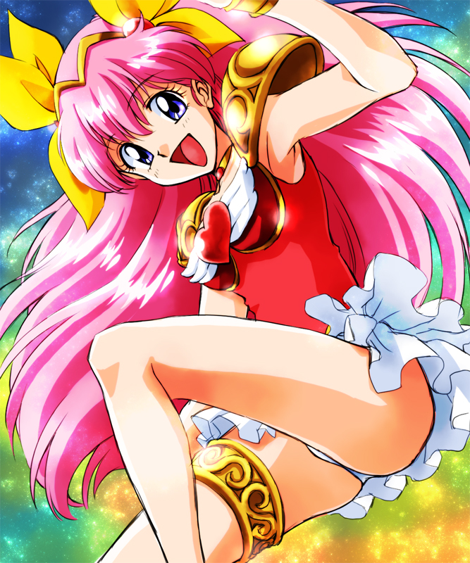 1girl, :d, angel_peach, blue_eyes, brooch, hair_ribbon, hanasaki_momoko, jewelry
