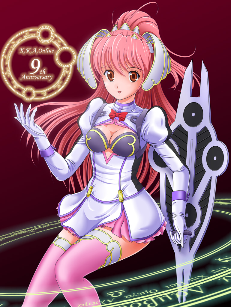 1girl, anniversary, black_background, bow, breasts, brown_eyes, character_request, cleavage