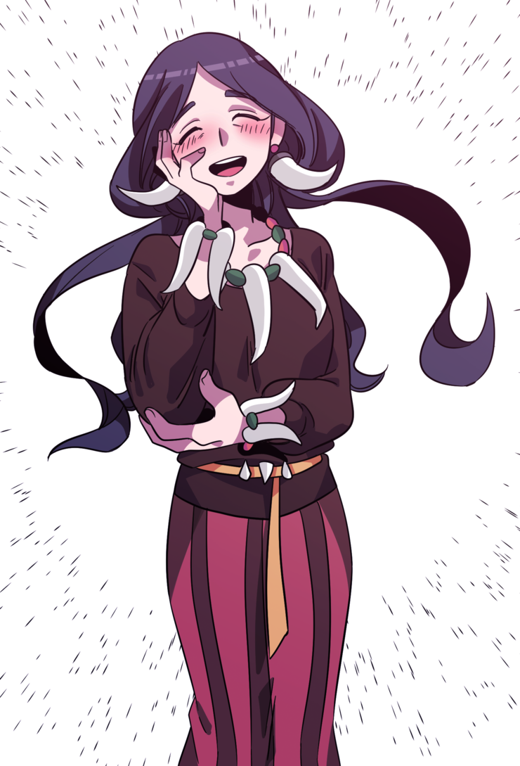 1girl, black_hair, blush, closed_eyes, dogy, dracaena_(pokemon), elite_four, jewelry