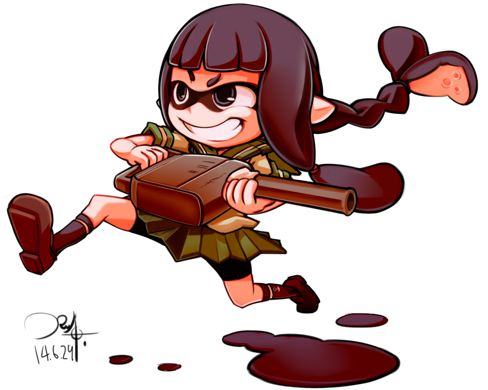 1girl, artist_request, black_eyes, black_hair, braid, cosplay, dated, green_skirt, grin, inkling, kantai_collection, kitakami_(kantai_collection), kitakami_(kantai_collection)_(cosplay), long_hair, pleated_skirt, pointy_ears, running, school_uniform, serafuku, short_sleeves, single_braid, skirt, smile, solo, splatoon, tentacle_hair, turret