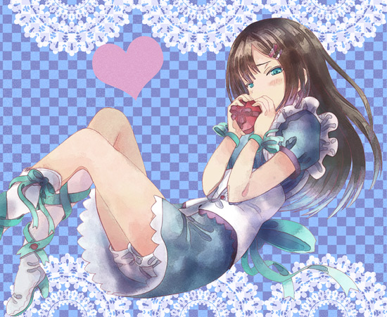 1girl, alternate_costume, aqua_eyes, brown_hair, covering_mouth, dress, enmaided, from_side