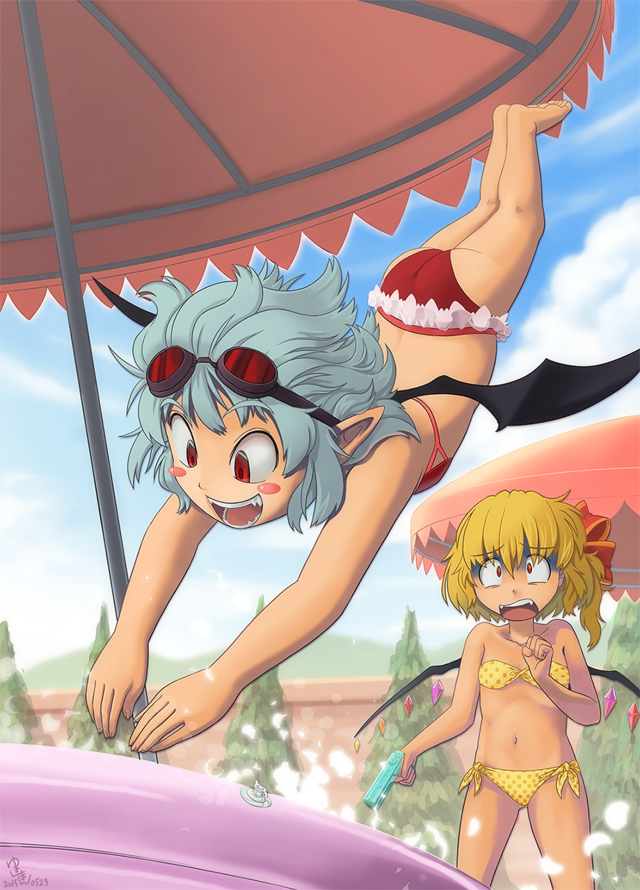 2girls, alternate_costume, asymmetrical_hair, asymmetrical_wings, bat_wings, bikini, blonde_hair, blush_stickers