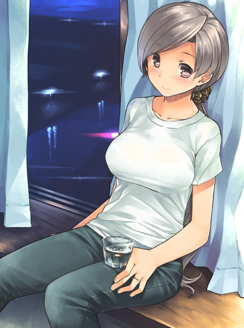 1girl, aaru_(tenrake_chaya), alcohol, blush, bra, breasts, casual, chitose_(kantai_collection)