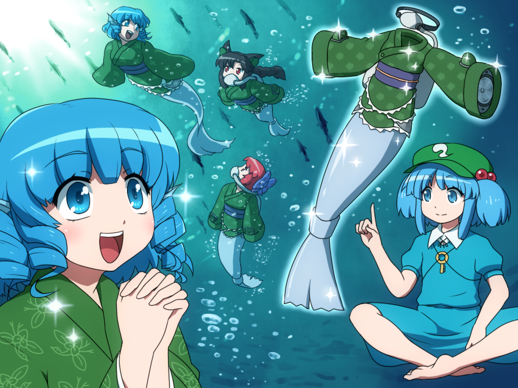 4girls, animal_ears, black_hair, blue_eyes, blue_hair, blush, bow, braid, breasts, bubble, cat_ears, diving_suit, dress, drill_hair, error, fins, fish, hair_bobbles, hair_ornament, hands_clasped, hat, imaizumi_kagerou, kawashiro_nitori, key, keychain, long_hair, multiple_girls, open_mouth, oxygen_mask, oxygen_tank, propeller, prosthesis, red_eyes, ribbon, rope, sash, sekibanki, shirosato, short_hair, smile, sparkle, touhou, twin_drills, twintails, underwater, wakasagihime, wakasagihime_(cosplay), water