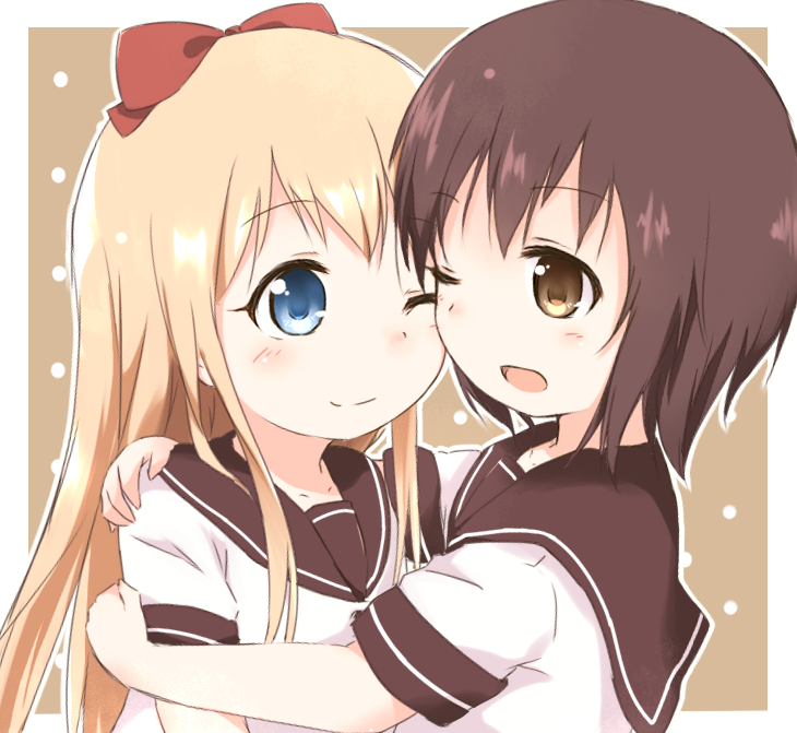 2girls, :d, araki495, blonde_hair, blue_eyes, bow, brown_background, brown_eyes