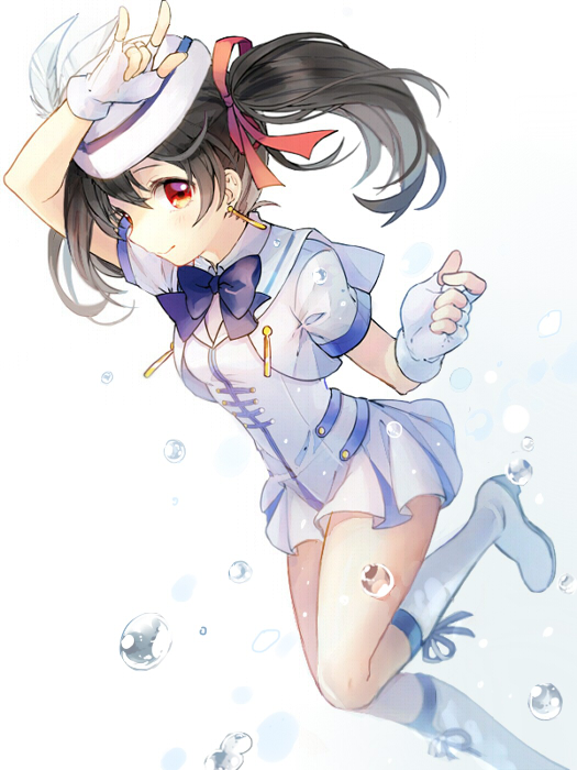 1girl, beret, black_hair, bow, droplet, earrings, feather_beret, fingerless_gloves