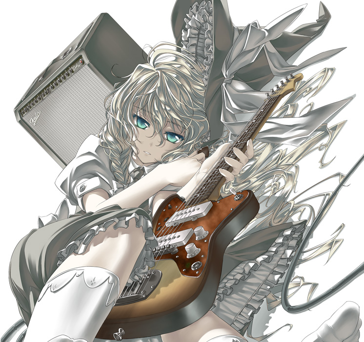 amplifier, aqua_eyes, blonde_hair, blue_eyes, braid, cable, dutch_angle, frills