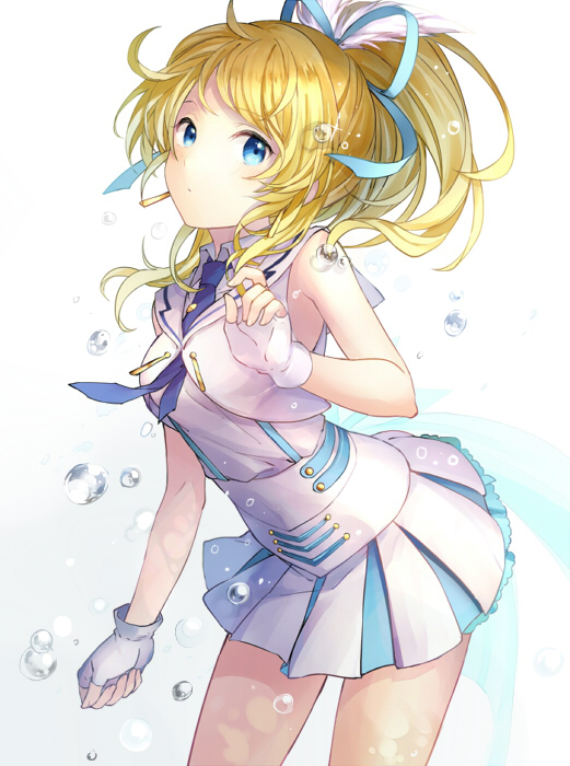 1girl, ayase_eli, blonde_hair, blue_eyes, droplet, fingerless_gloves, gloves, hair_ribbon