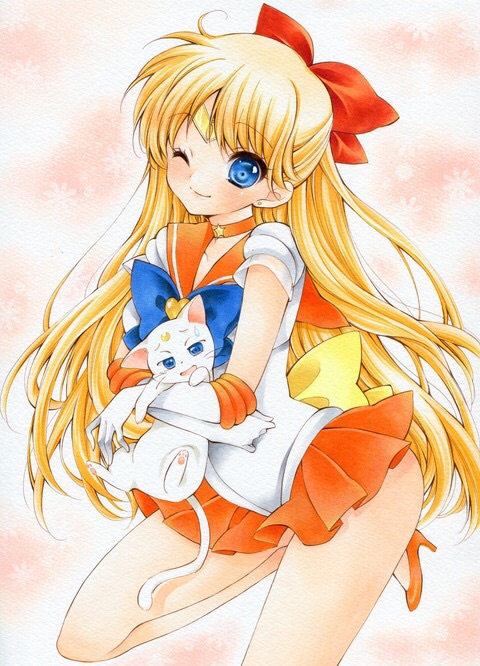1girl, artemis_(sailor_moon), bishoujo_senshi_sailor_moon, blonde_hair, blue_eyes, bow, cat, choker, elbow_gloves, gloves, hair_bow, high_heels, izumo_neko, long_hair, magical_girl, one_eye_closed, orange_skirt, sailor_venus, skirt, smile, sweatdrop, tiara, traditional_media, white_gloves