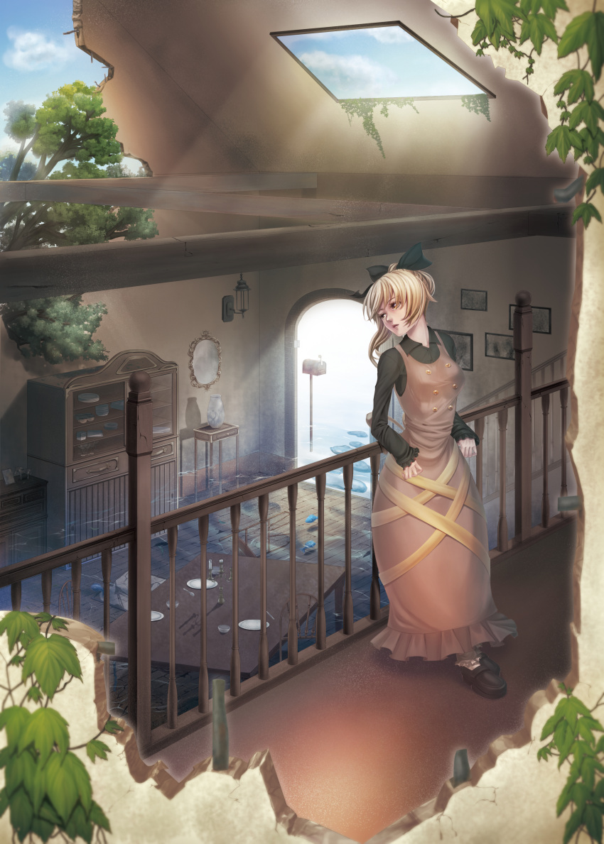 1girl, absurdres, black_shirt, black_shoes, blonde_hair, blue_sky, blurry, bow