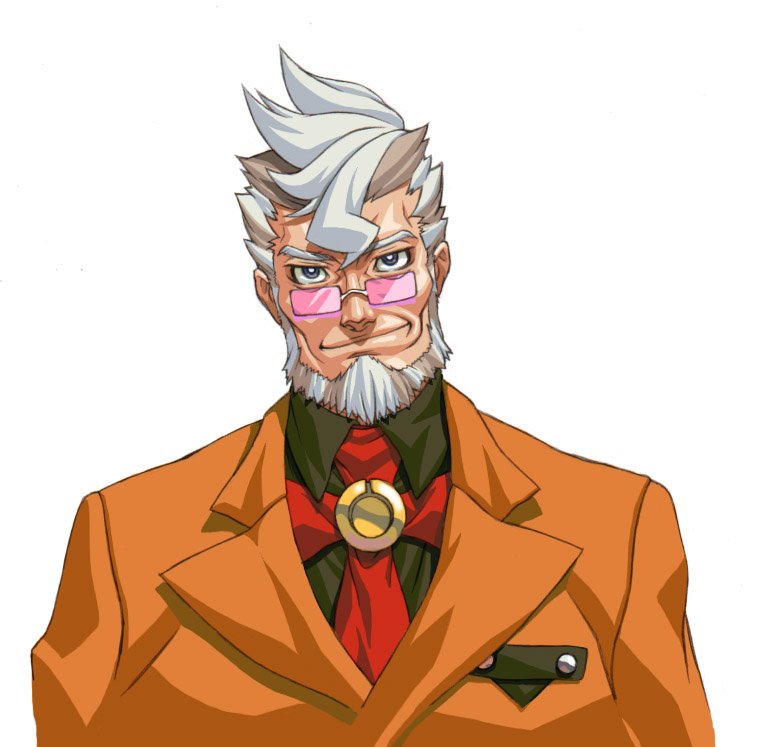 1boy, beard, facial_hair, ganto_kaiji, glasses, gyakuten_saiban, kei_(bekei), looking_at_viewer, smirk, solo, suit_jacket, upper_body, white_hair
