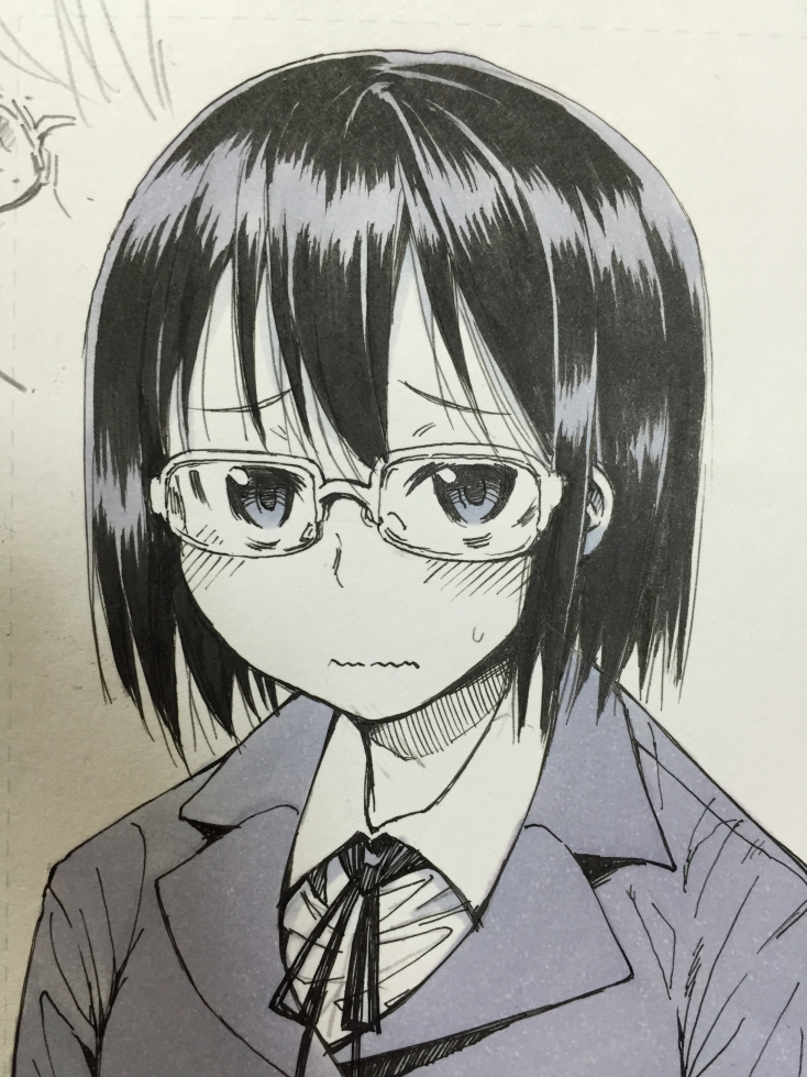 blush, glasses, monochrome, short_hair, solo, yugami_gooshu