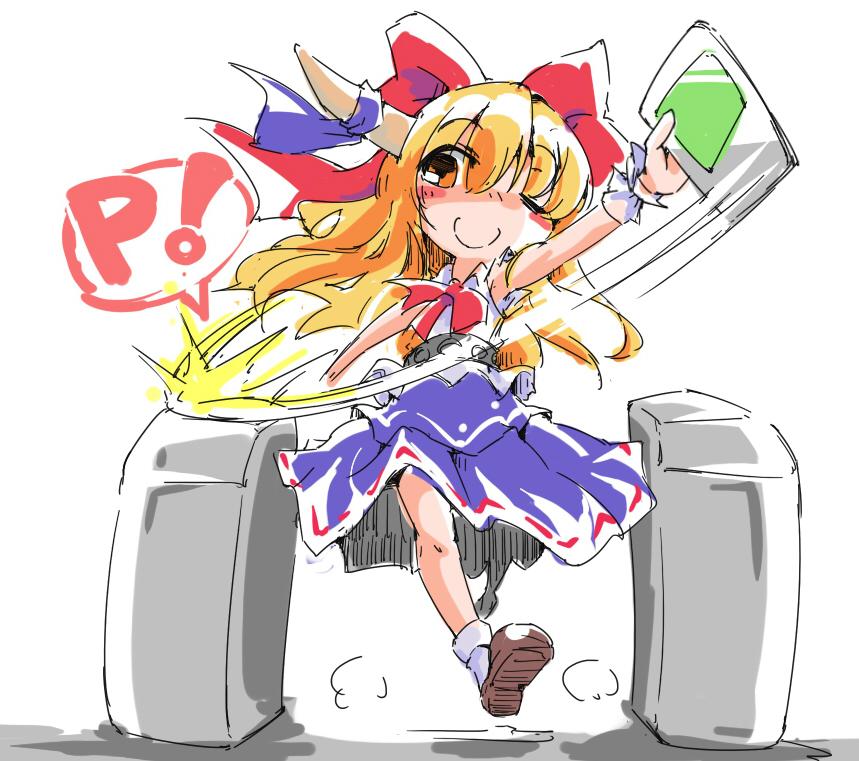1girl, bow, card, hair_bow, horn_ribbon, horns, ibuki_suika, long_hair
