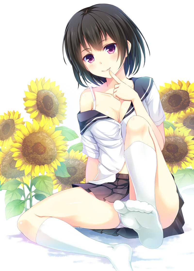 1girl, black_hair, bra, breasts, cleavage, finger_to_mouth, flower, looking_at_viewer