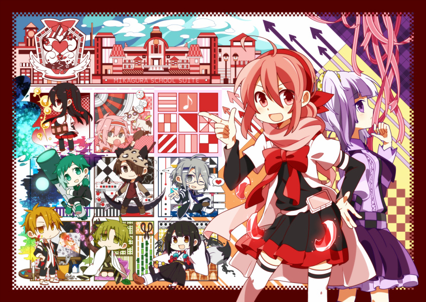 4girls, 6+boys, ;d, akama_yuto, animal_hat, bag, bimi_(mgk), black_hair