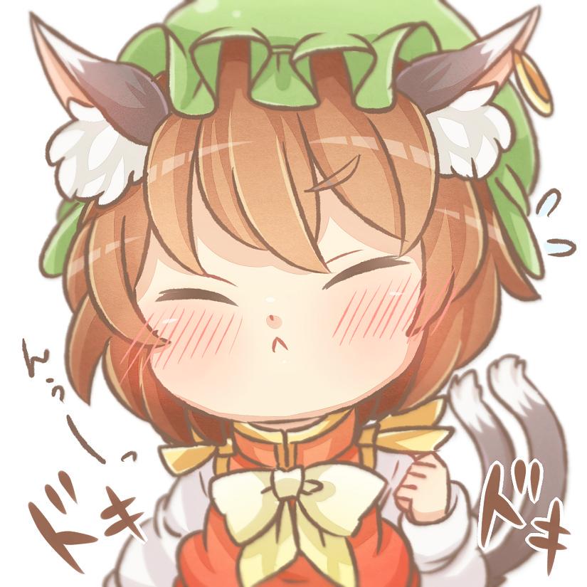 1girl, animal_ears, blush, bowtie, brown_hair, cat_ears, cat_tail, chen