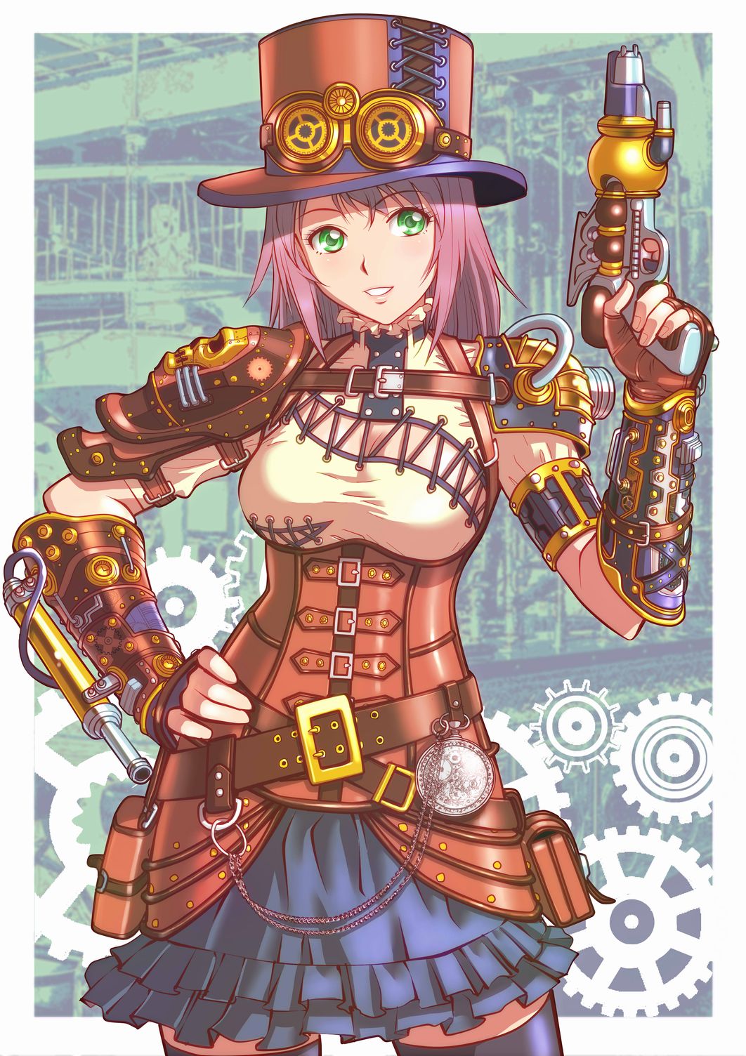 1girl, breasts, frilled_skirt, frills, gears, green_eyes, gun, hand_on_hip