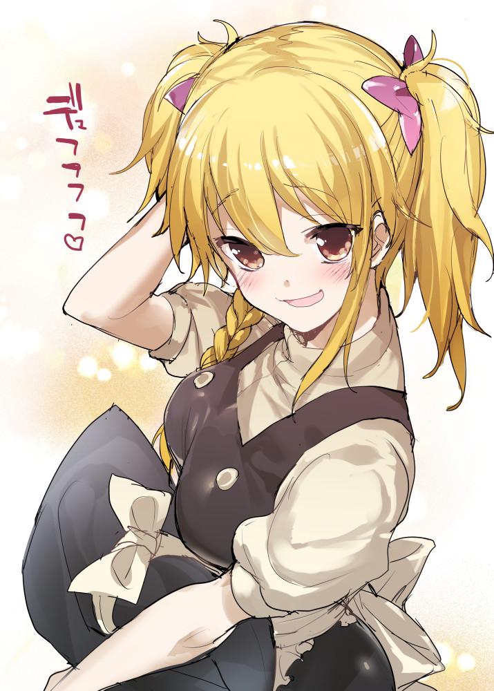 1girl, alternate_hairstyle, apron, blonde_hair, blush, bow, brown_eyes, hair_bow